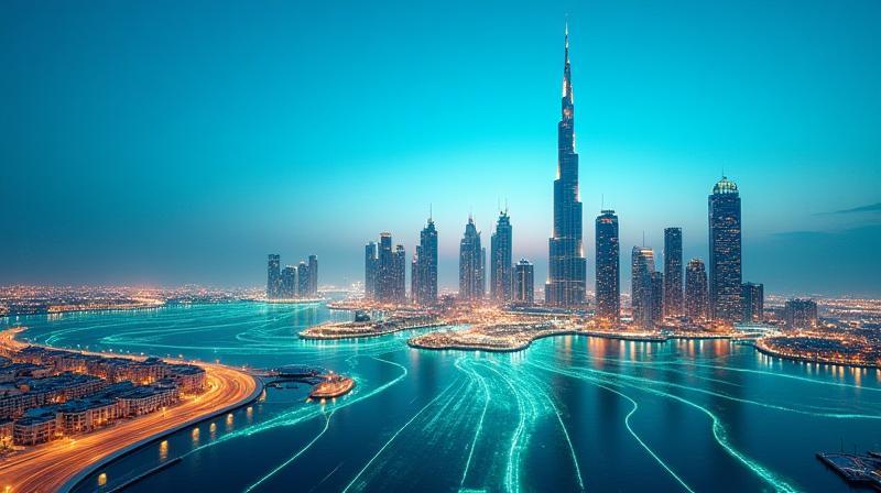 Vibrant Dubai cityscape with connected 5G lines
